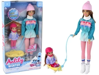 Lalki Anlily mama z córką na sankach zestaw sanki - Leantoys