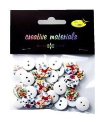 Guziki drewniane białe nadruk kwiaty 15mm 15g - Galeria Hobby