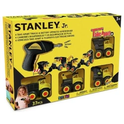 Zestaw 4 pojazdów mini do złożenia +wkrętarka 37el - Stanley
