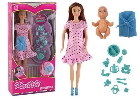 Lalka w ciąży różowa sukienka z akcesoriami - Leantoys
