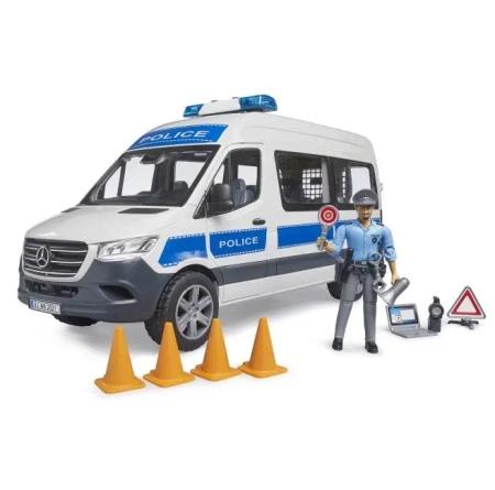 Zestaw Mercedes-Benz Sprinter policyjny z figurką i modułem światło/dźwięk - BRUDER