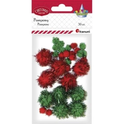 Pompony brokatowe czerwone, zielone 30szt - Titanum