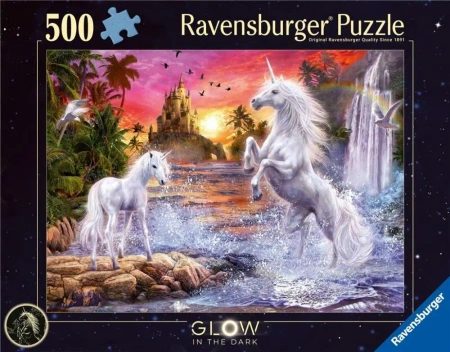 Puzzle 2D 500 Świecące - Jednorożce nad rzeką - Ravensburger
