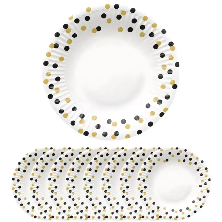Talerzyki papierowe 18 cm, złoto-czarne confetti (8 sztuk)