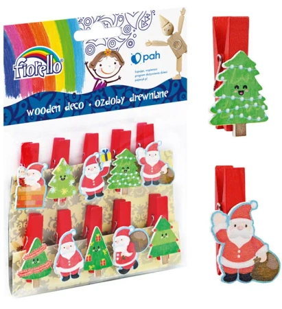 Ozdoby drewniane spinacz Mikołaj/choinka BN 10 szt. FIORELLO GR-WD699