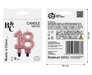 Świeczka B&C cyferka 18 metalik różowo-złota 8cm - Godan