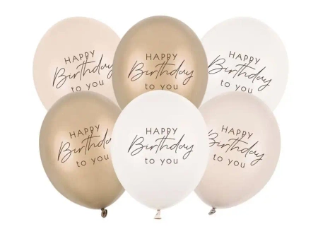 Balony Happy Birthday mix beżowy 30cm 6szt - PartyDeco