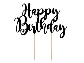 Topper na tort Happy Birthday czarny, 22,5cm - PartyDeco
