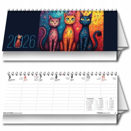 Kalendarz 2026 biurkowy tygodniowy poziomy koty - Evena