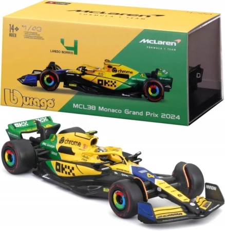 Bburago Model 1:43 BOLID F1 McLaren MCL38 Lando Norris GP Monaco 2024 SENNA