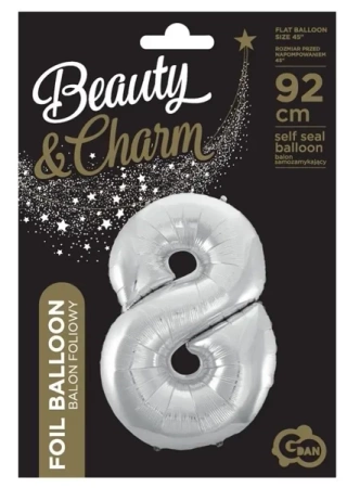Balon foliowy cyfra 8 Beauty&Charm srebrna 92cm - Godan