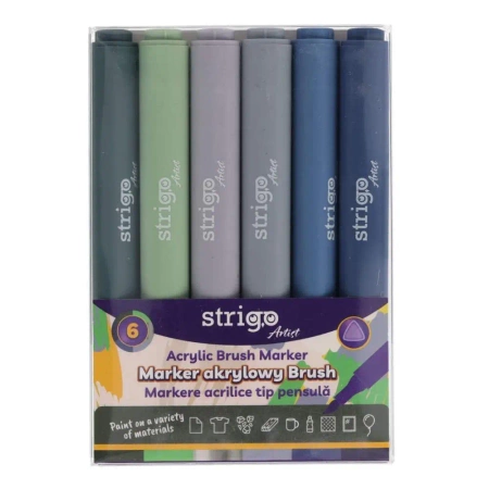 Strigo. Markery akrylowe trójkątne 6 kolorów. Końcówka Brush. Zestaw 8 - Strigo
