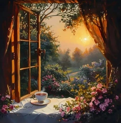 Diamentowa Mozaika Herbata przy oknie z widokiem na sad NO-2001751 - Norimpex