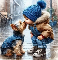 Diamentowa Mozaika Chłopiec i pies buziak w deszczu NO-2001527 - Norimpex