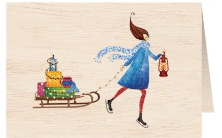 Karnet drewniany C6 + koperta Święta Kobieta Sanki - Cozywood