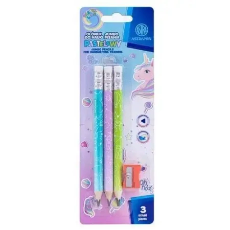 Ołówki grafitowe trójkątne HB Jumbo Astrakids Unicorn 3 szt. z temperówką - ASTRA art-pap