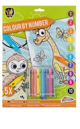 Koloruj po numerach Zestaw 5 arkuszy + kredki Zwierzęta - ICOM