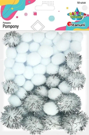 Pompony poliestrowe i brokatowe białe 50szt. - Titanum