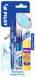 Pióro kulkowe Frixion Pilot niebieskie + wkład Frixion niebieski x3+klej szybkoschnący + gumka owalna blister - PILOT
