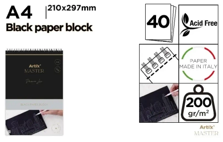 Blok kreślarski A4/40K czarny 200g - Artix