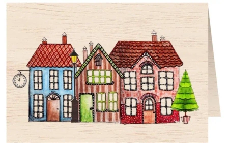 Karnet drewniany C6 + koperta Święta Domki - Cozywood