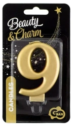 Świeczka cyferka 9 Beauty&Charm metalik złota 8cm - Godan