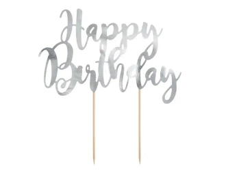 Topper na tort Happy Birthday srebrny 22,5cm - PartyDeco