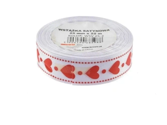 Wstążka satynowa w serca biała 25mmx22m - Brewis