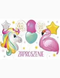 Zaproszenie Z 160x95 zest. 62131 Dziecięce - Balony, Dziewczynka, Flamingi, Grafika, Jednorożce, Urodziny - POL-MAK