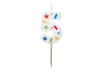 Świeczka urodzinowa 5 biała konfetti 5.5cm - PartyDeco