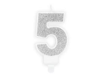Świeczka urodzinowa 5 srebrna 7cm - PartyDeco