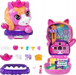 Polly Pocket. JCR39 Kucykowe rodeo. Zestaw kompaktowy: 1 mikro lalka, 2 figurki koników i akcesoria - Mattel