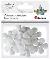 Ozdoba materiałowa kwiaty 3D z perełką białe 15szt - Titanum