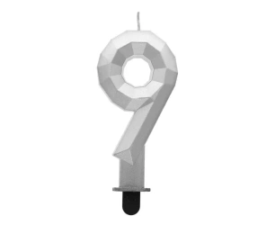 Świeczka cyferka 9 - Diament metalik srebrny 7,6cm - Godan