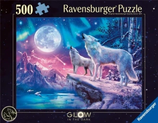 Puzzle 2D 500 Świecące - Wilk w zorzy polarnej - Ravensburger