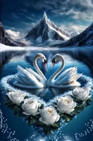 Diamentowa Mozaika Łabędzie zakochane i białe kwiaty NO-2000168 - Norimpex