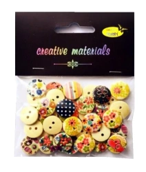 Guziki drewniane kremowe nadruk kwiaty 15mm 15g - Galeria Hobby