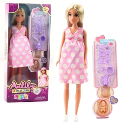 Lalka Anlily w ciąży sukienka w kropki akcesoria