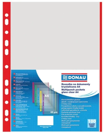 Koszulki PP A4 krystal 40mikr brzeg czerwony 100sz - Donau