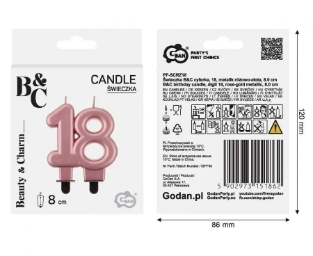 Świeczka B&C cyferka 18 metalik różowo-złota 8cm - Godan
