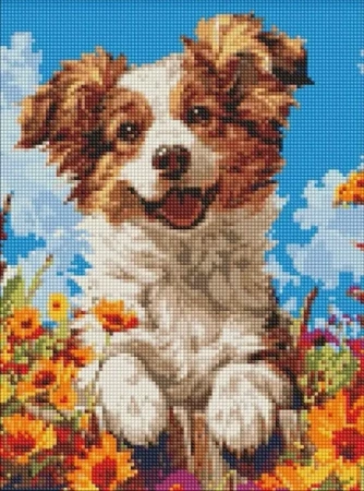 Diamentowa mozaika bez ramy -Pies w kwiatach 30x40 - Ideyka