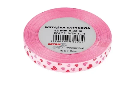 Wstążka satynowa serca różowa 12mmx22m - Brewis
