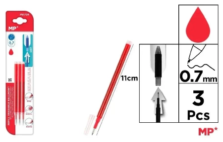 Wkłady do długopisów ścieralnych czerw. 0.7mm 3szt - MP Main Paper