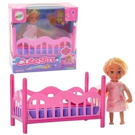 Zestaw mini laleczka w piżamie + łóżeczko różowe - Leantoys