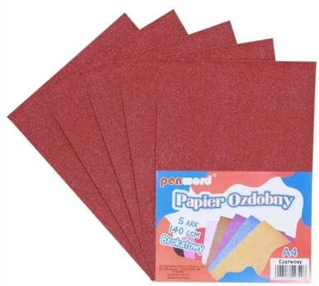 Papier ozdobny A4 brokatowy 140g czerwony 5ark - Polsirhurt