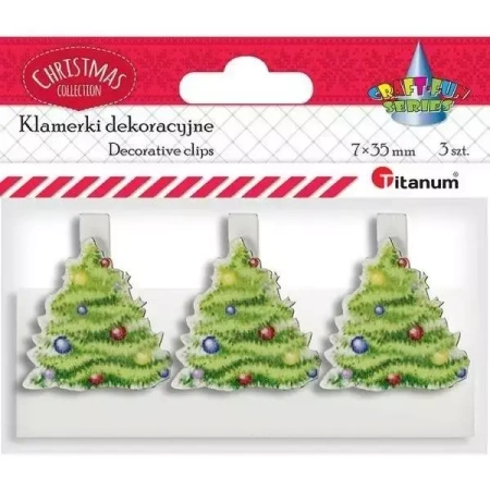 Klamerki drewniane z dekorem białe choinka 3szt - Titanum