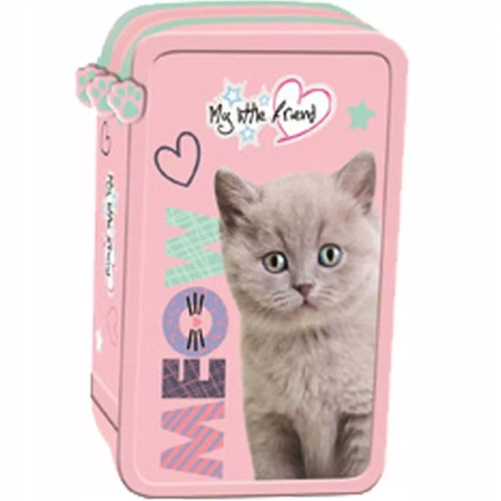 PIÓRNIK SZKOLNY TRZYKOMOROWY WYPOSAŻENIE KREDKI PISAKI FLUFFY KOTEK - ST-Majewski