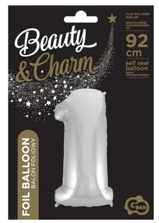 Balon foliowy cyfra 1 Beauty&Charm srebrna 92cm - Godan
