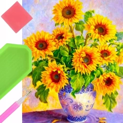 Diamentowa mozaika Kwiaty słoneczniki w wazonie fioletowym 30x40cm 2000595