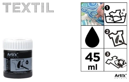 Farba do tkanin czarna 45ml (6szt) - Artix